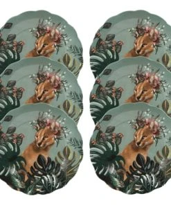 Maisons Du Monde Assiette à Dessert En Faïence Multicolore Motif Tropical Et Lynx - Lot De 6
