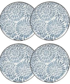 Maisons Du Monde Assiette à Dessert En Grès Blanc Motifs Graphiques Bleus - Lot De 4