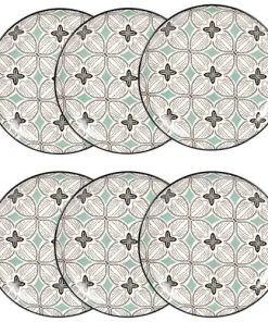 Maisons Du Monde Assiette à Dessert En Grès Motifs Graphiques Bleu Gris, Verts Et Blancs - Lot De 6