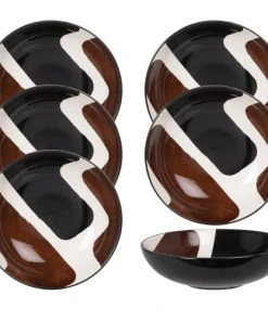 Maisons Du Monde Assiette Creuse En Grès Blanc, Marron Et Noir - Lot De 6