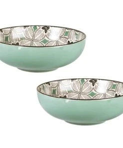 Maisons Du Monde Assiette Creuse En Grès Motifs Graphiques Bleu Gris, Verts Et Blancs - Lot De 2