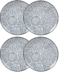Maisons Du Monde Assiette Plate En Grès Blanc Motifs Graphiques Bleus - Lot De 4