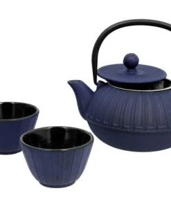 Novastyl Lot Théière Et Deux Tasses En Fonte Bleue