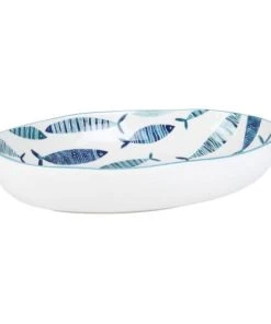 Maisons Du Monde Plat Ovale En Faïence Blanche Motifs Poissons Bleus