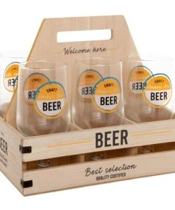 Maisons Du Monde Verres à Bière Avec Inscriptions Multicolores (x6) Support En Bois D'eucalyptus